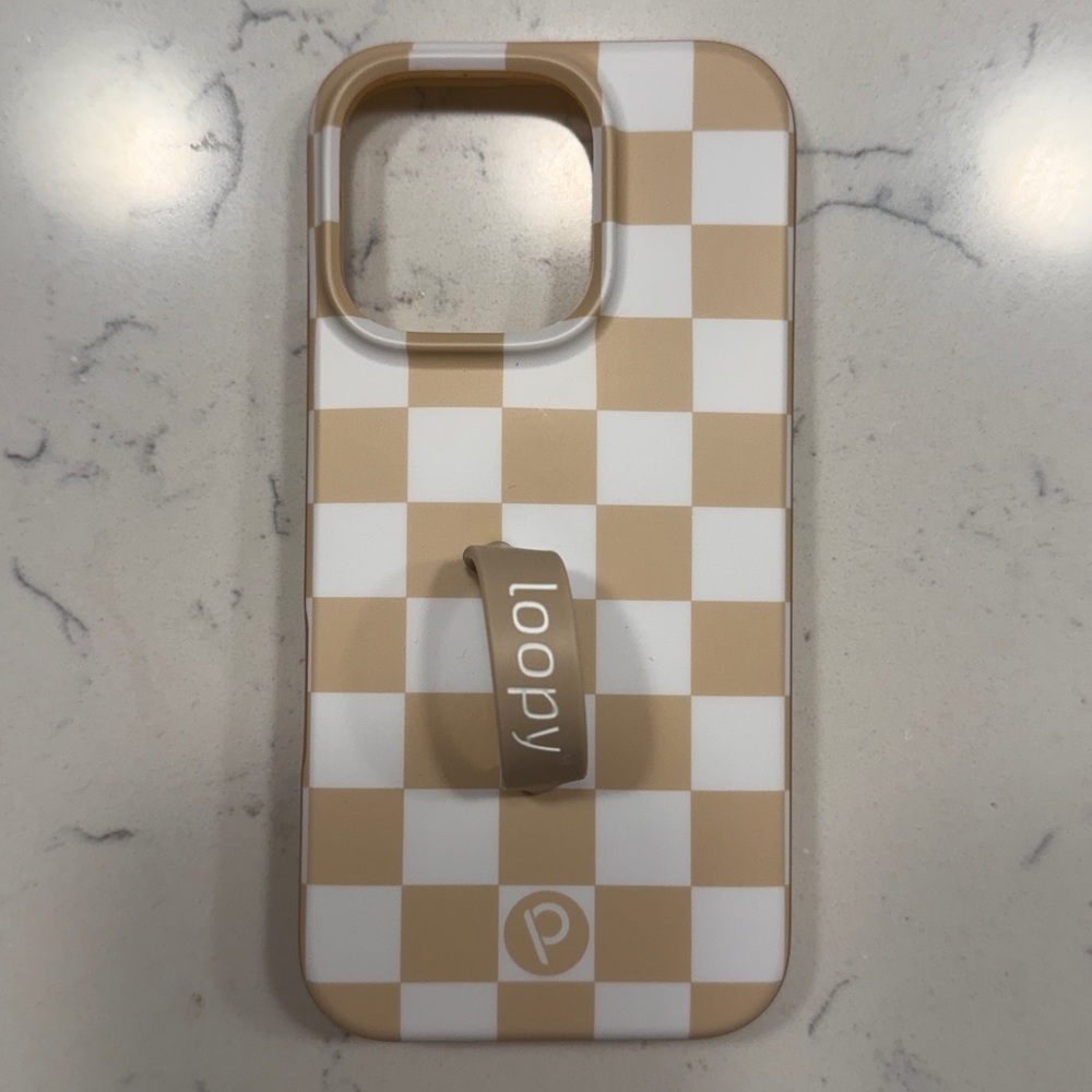 iPhone 16 Pro Loopy Case Tan and White Checkered Phone Case